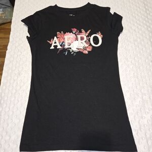 Aeropostale Shirt Juniors Medium Black Classic Crew Floral Butterfly Graphic Tee